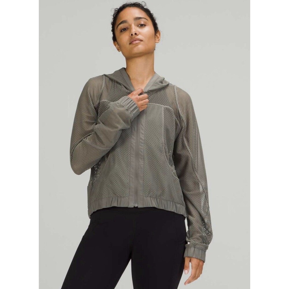 Lululemon Relaxed Fit Mesh Jacket Grey Sage Green 8 Medium Full Zip Hooded